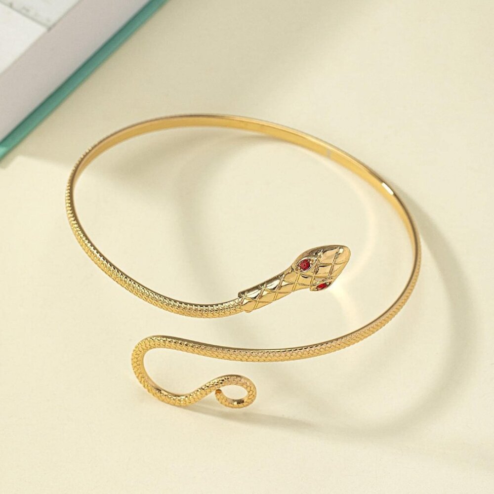Gold Snake Wrap Bangle Bracelet with Red Eyes
